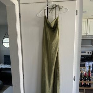 Olive Green Cowl Neck Spaghetti Strap Midi Dress with Slit